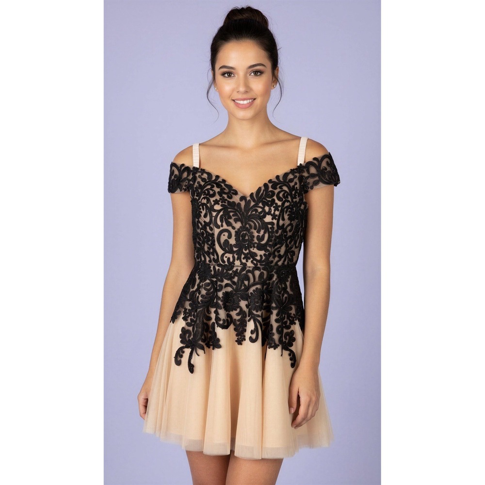 Camille La Vie Nude‎ Black Lace Off Shoulder Homecoming Party Prom Dress Sz 5/6